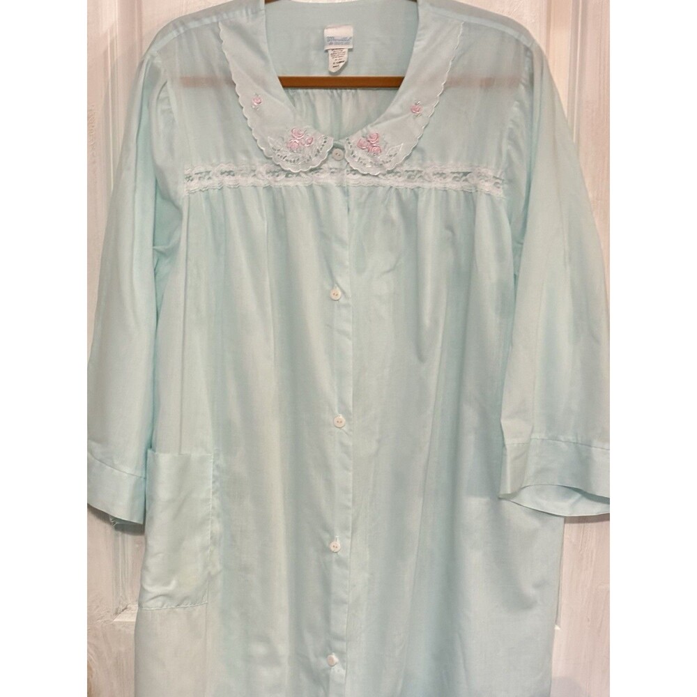 Vtg MERVILLE Cotton & Lace Housedress Nightgown Size XL Pale Blue Pink Roses USA